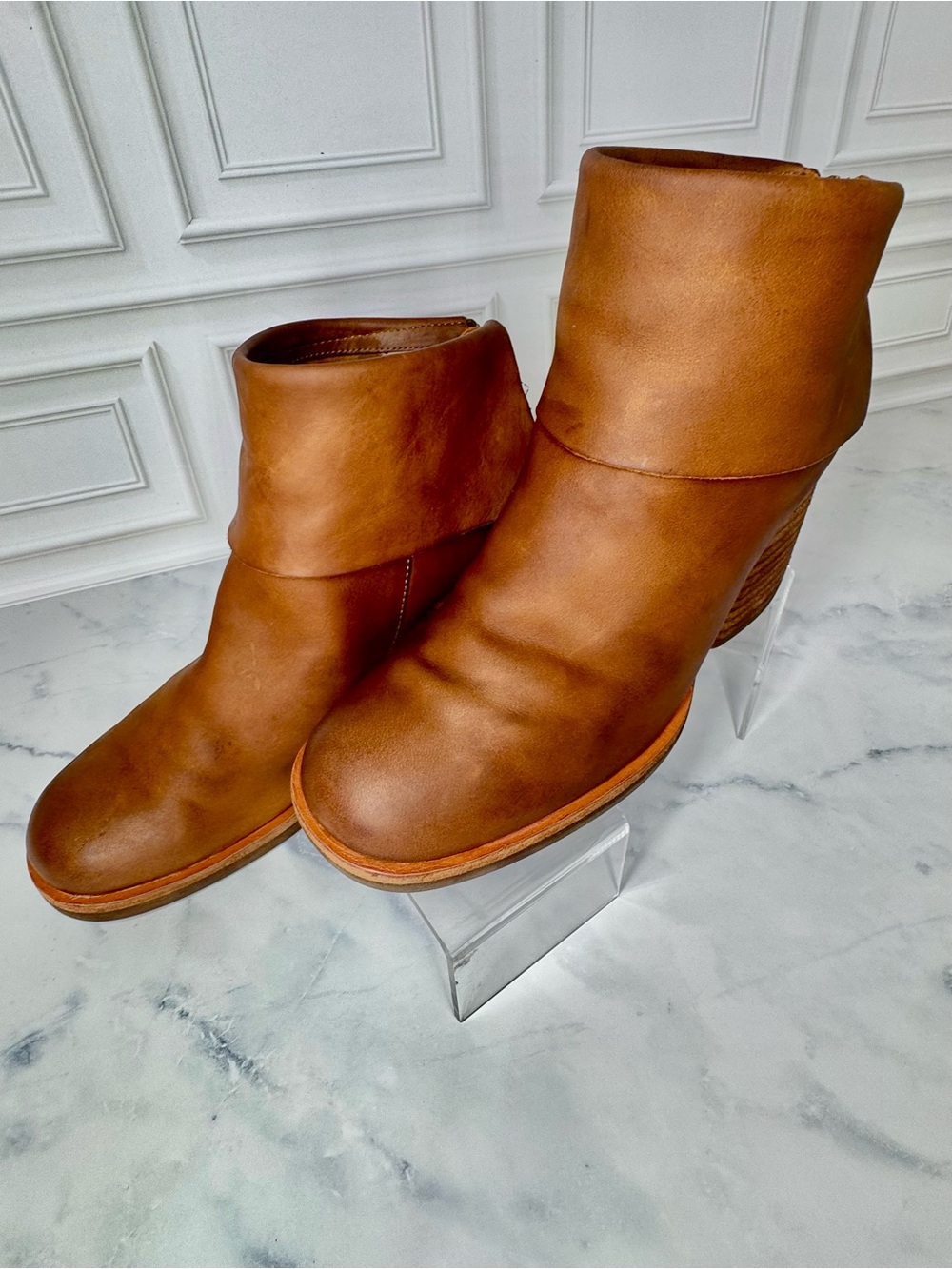 Kork-Ease Seri Leather Booties Brown Cognac Block Heel 9.5 Fall Favorite! - Picture 6 of 12